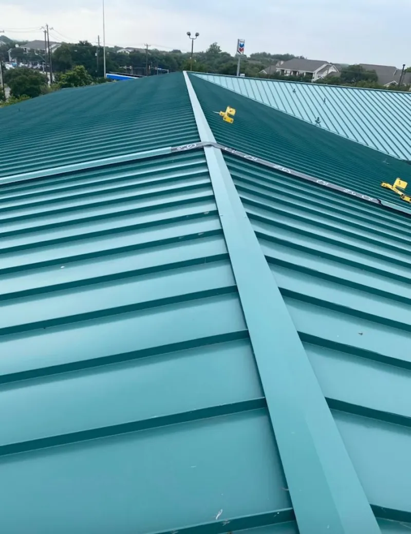 Green commercial metal roof ridge and valley for Metal Roof Repair in The Colony
